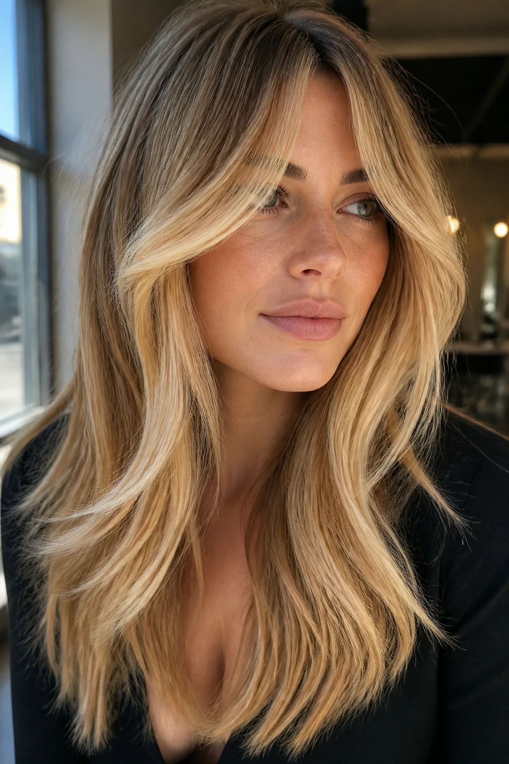 Close-up of curtain bangs with beige-gold balayage on a real woman in soft window light
