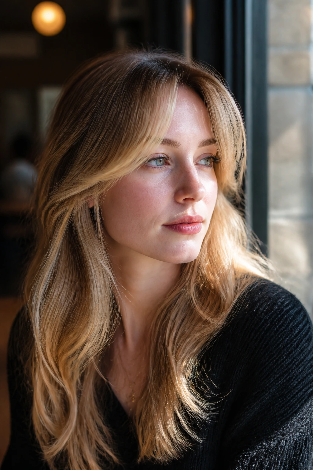 Portrait of a person with curtain bangs and honey balayage by a cafe window.