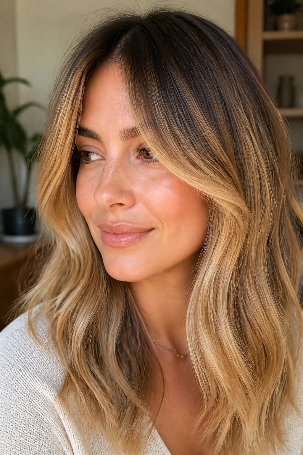 Portrait of a woman with curtain bangs and golden balayage.