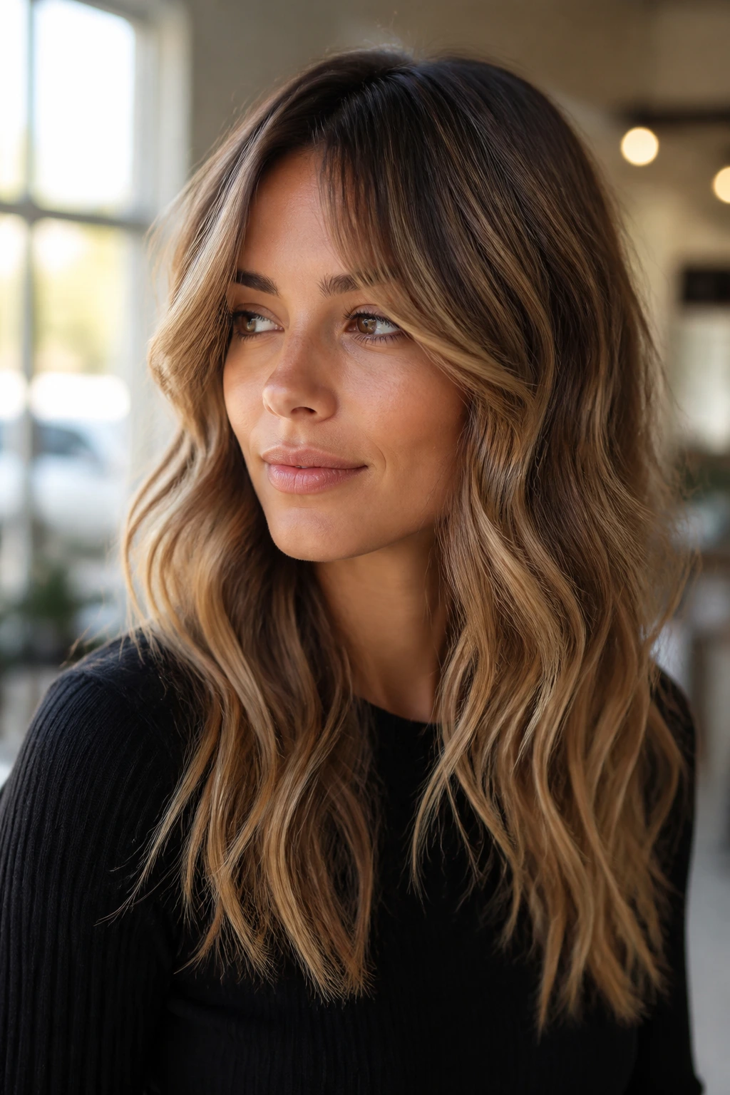 Close-up of curtain bangs with beach waves and caramel highlights