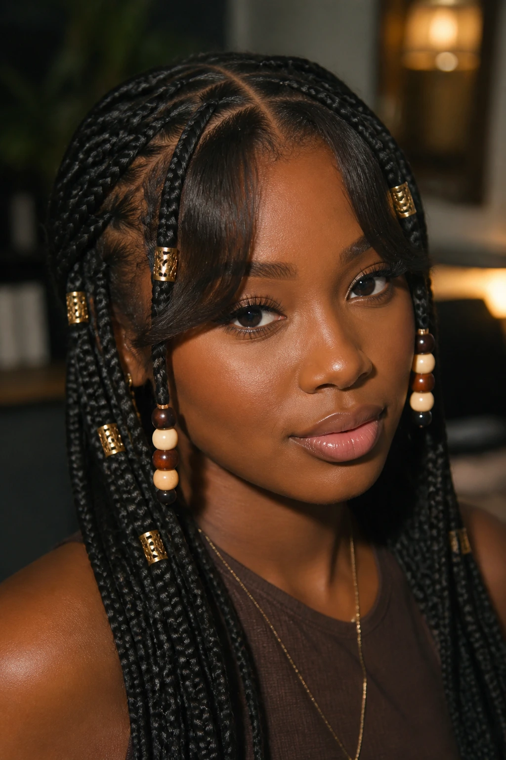 Portrait showing curtain bangs with subtle bead ends and cuffed braids