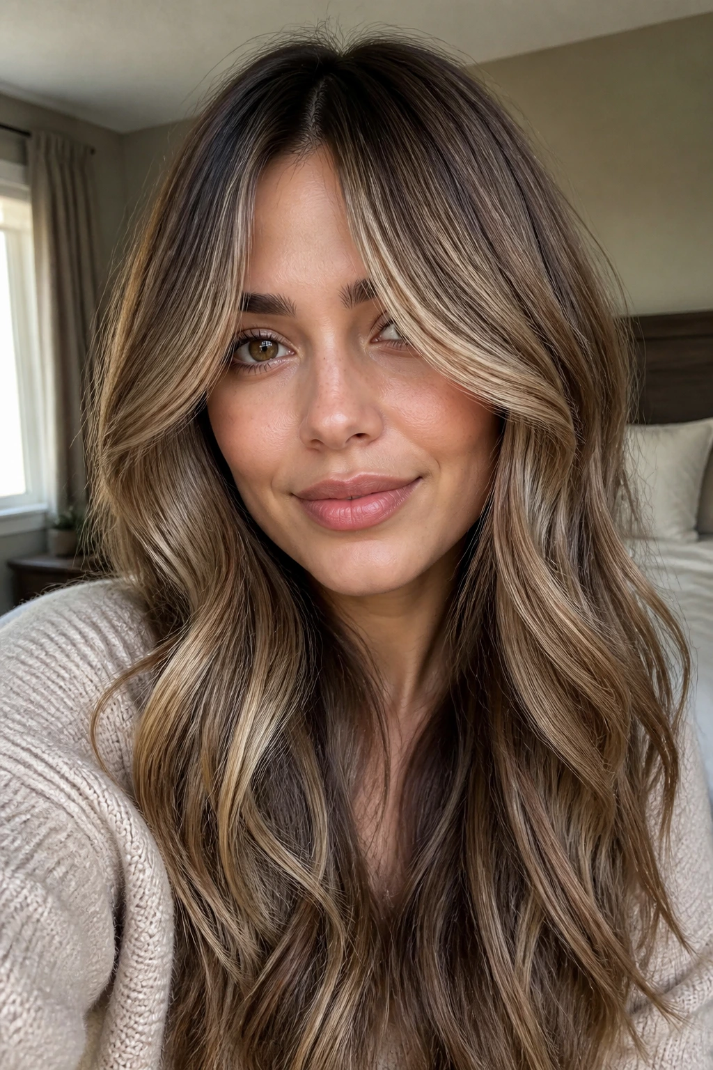 Close-up portrait of a real woman with curtain bangs and beige babylights framing her cheeks