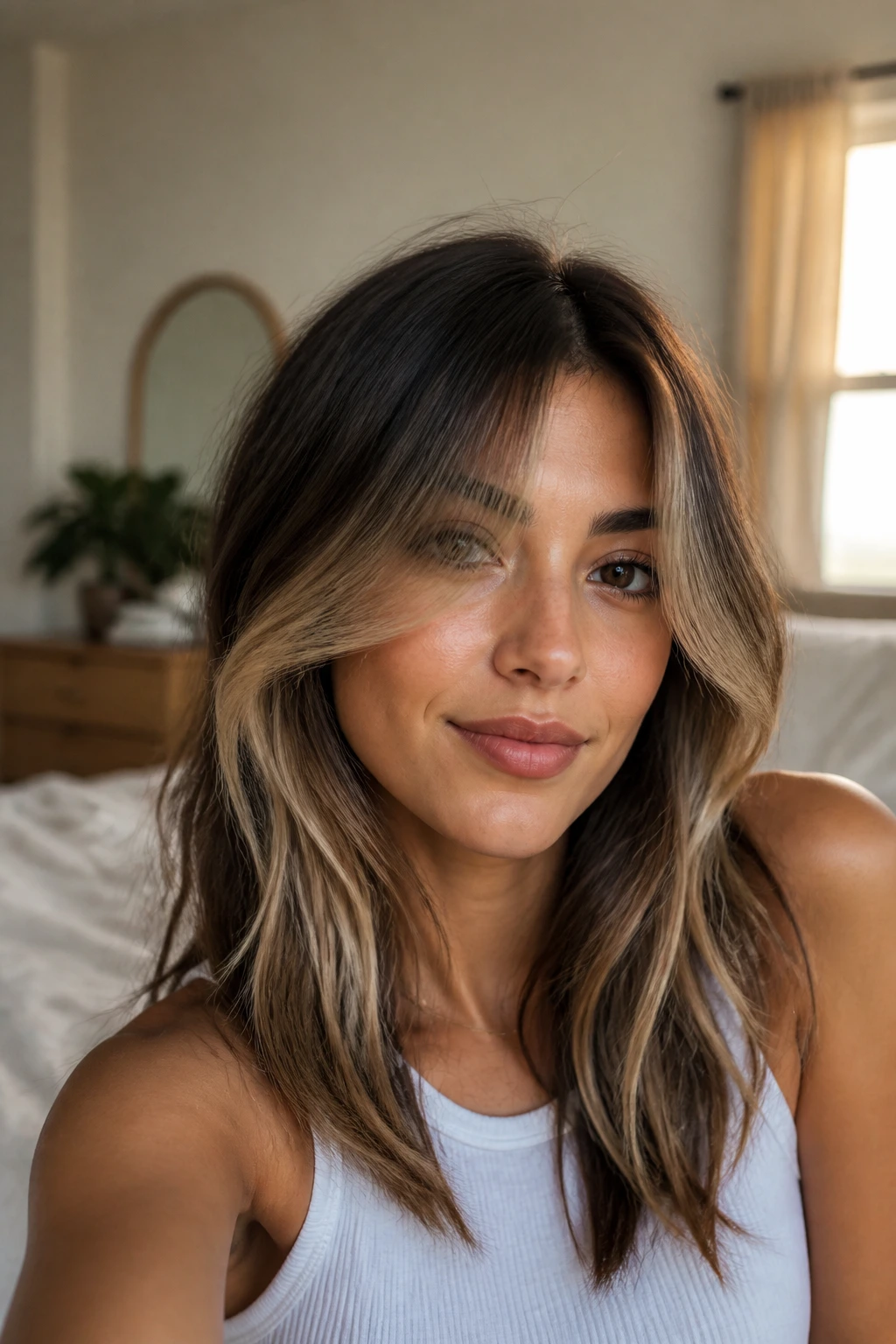 Portrait showing curtain bangs with beige blonde ends