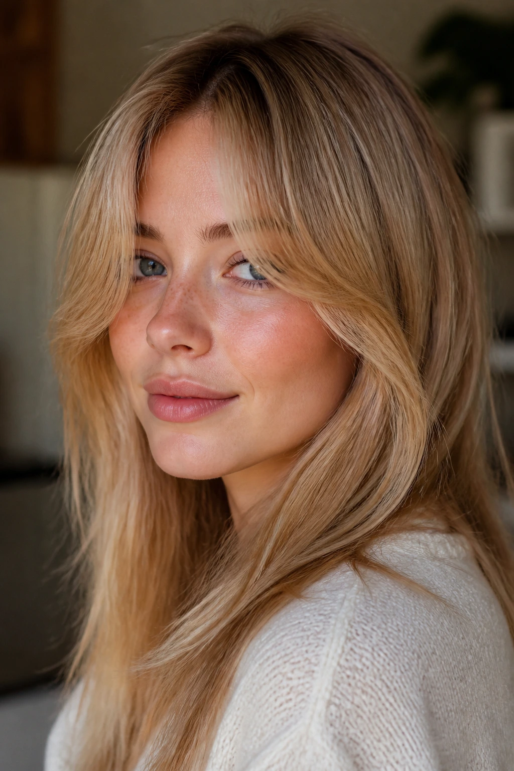 Close-up of face-framing curtain bangs on a real person