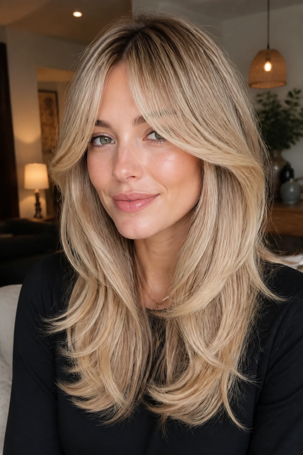 Woman with curtain bangs and beige blonde layers
