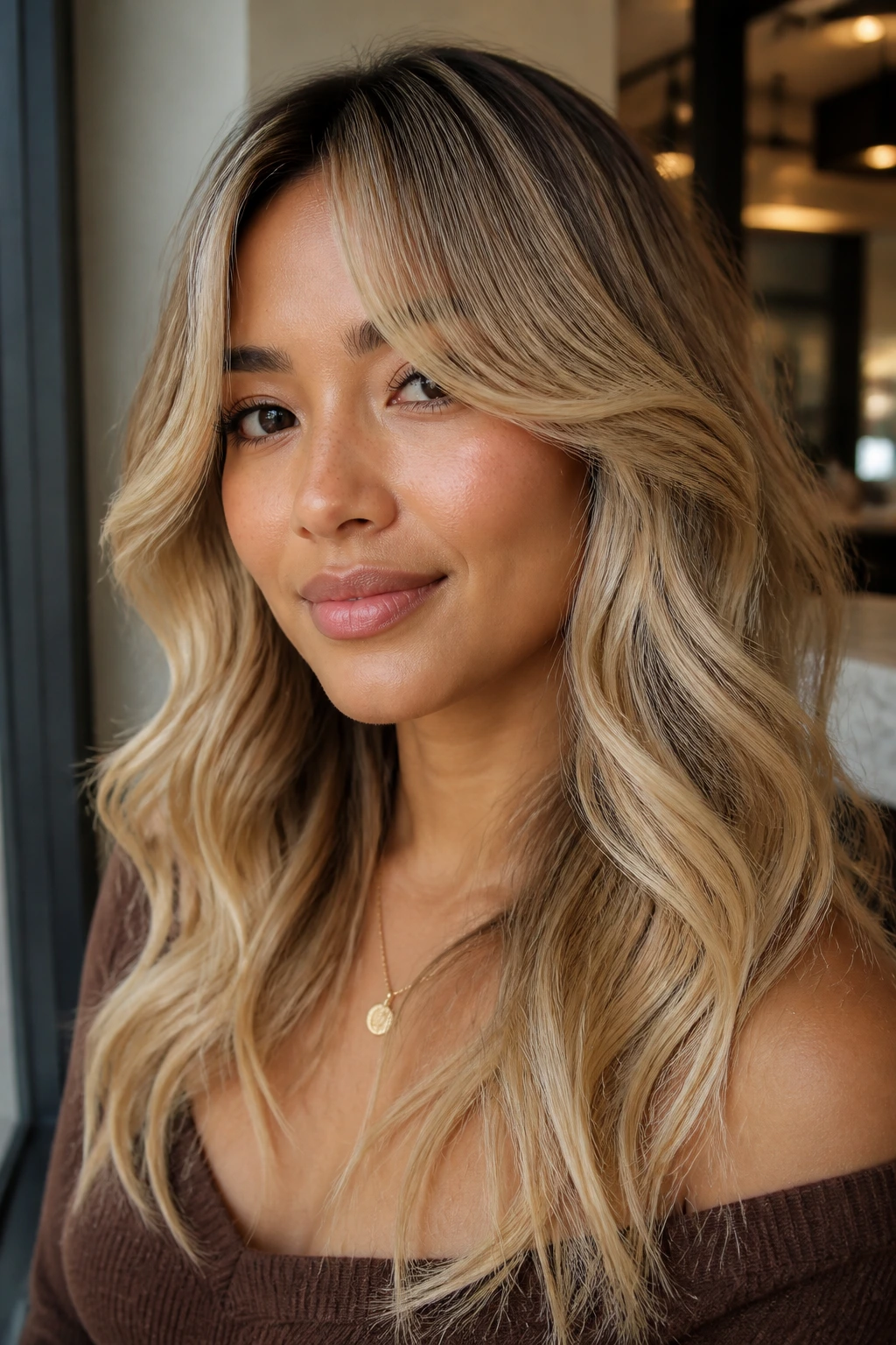Close-up of a person with curtain bangs and butter-beige waves in warm indoor light