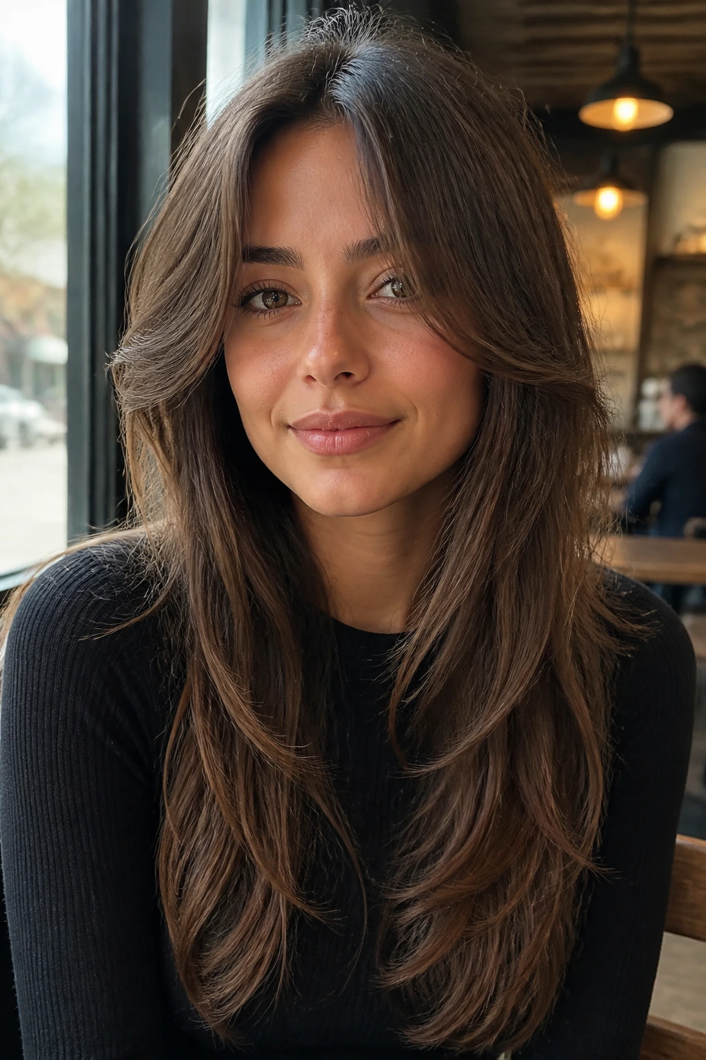 Close-up of a real woman with long curtain bangs blending into length