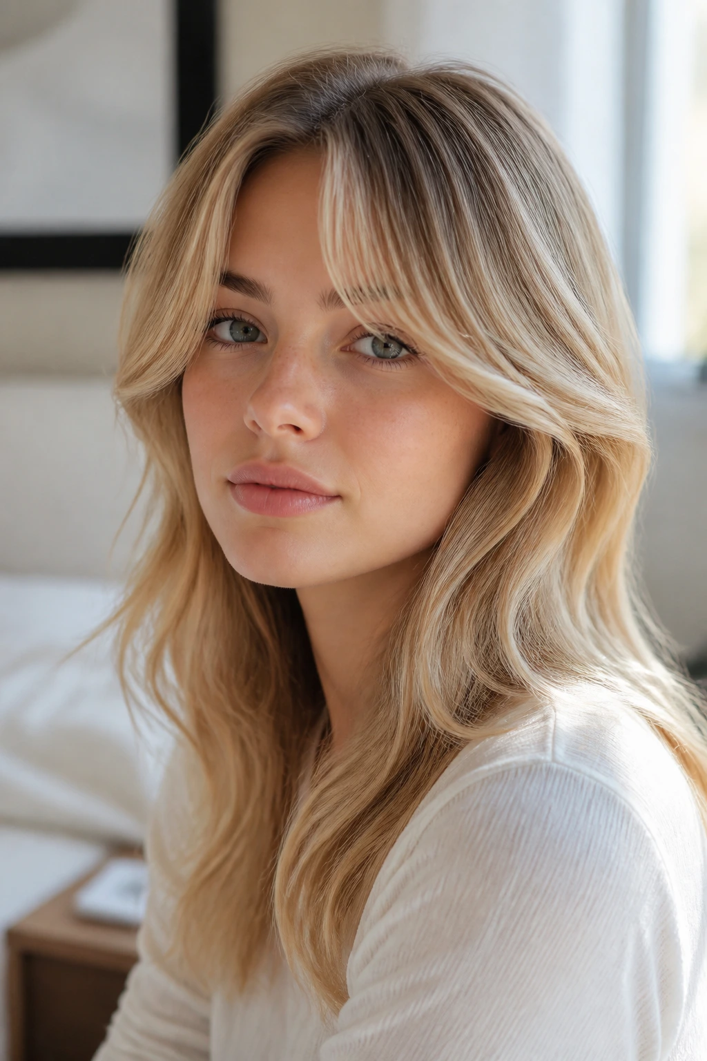 Portrait of a real woman with curtain bangs in a blonde balayage look