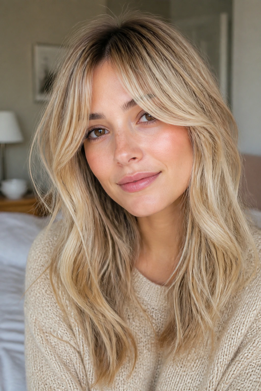 Portrait of a woman with curtain bangs in cream beige blonde.