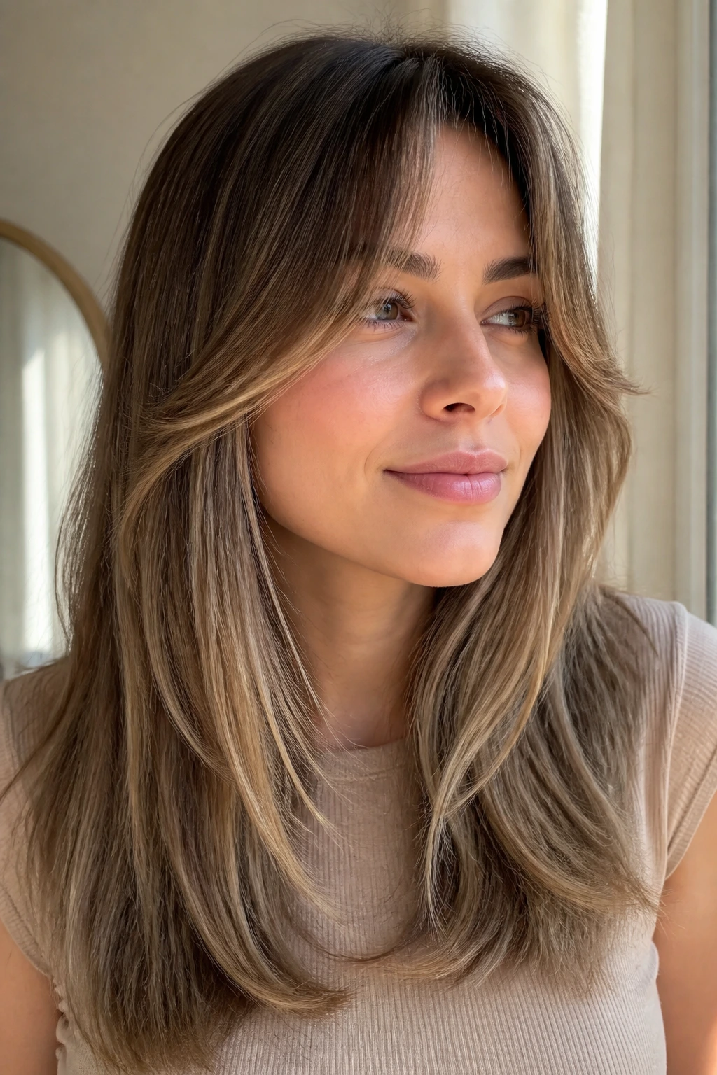 Portrait of a woman with curtain bangs and blowout