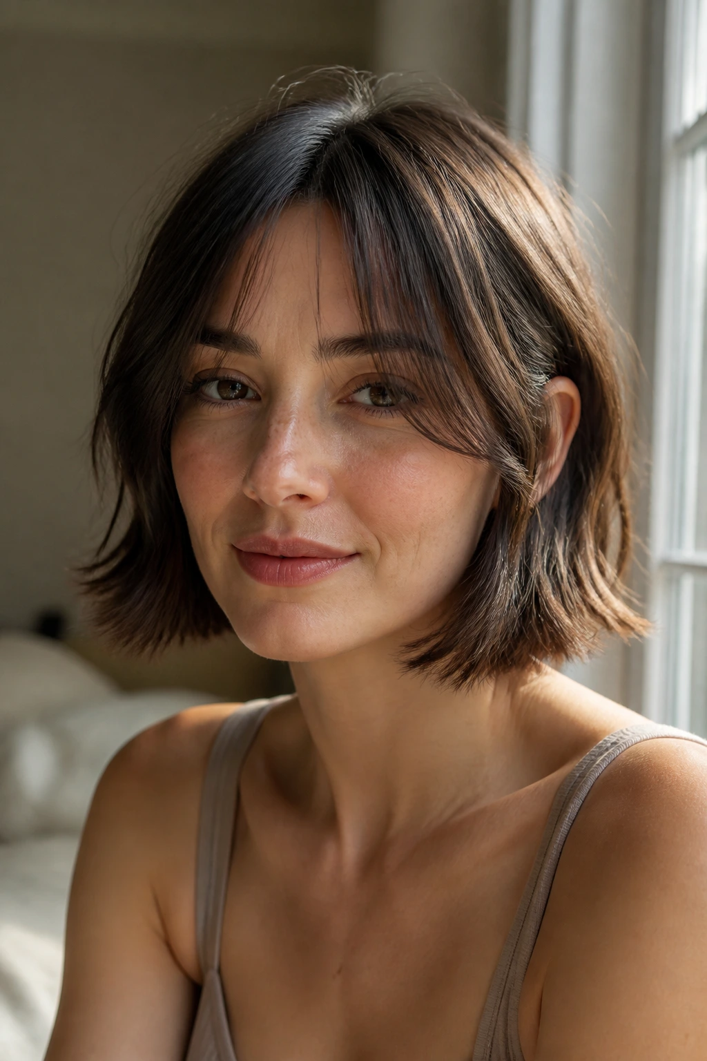 Portrait of a woman with curtain bangs softening the forehead in soft sunlight