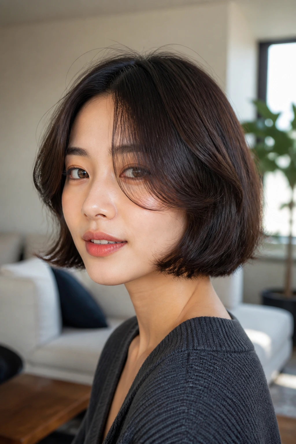 Close-up of a real woman with curtain bangs and bob hairstyle