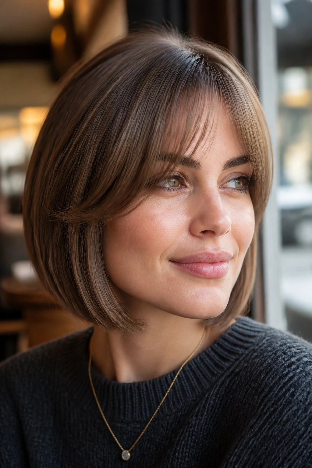 Portrait of a real woman with curtain bangs and a polished bob