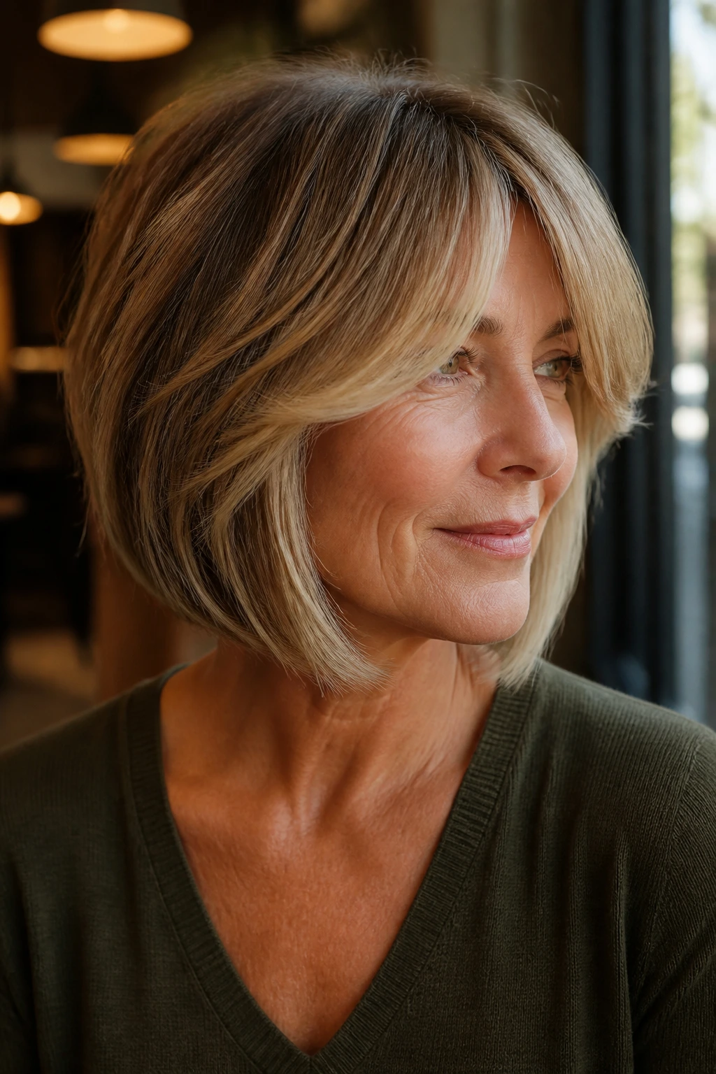 Close-up of a woman wearing curtain bangs blended into a bob.