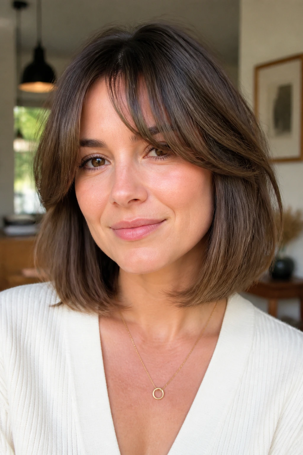 Real woman with curtain bangs and mid-length bob in soft light.