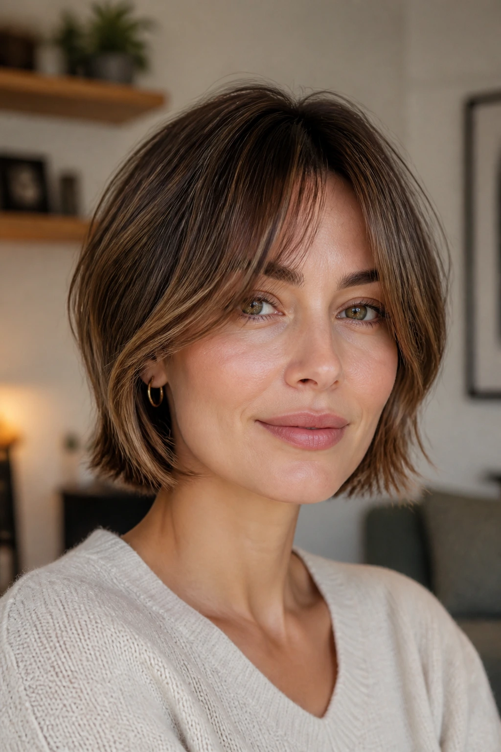 Close-up portrait of a real woman with curtain bangs on a short bob.