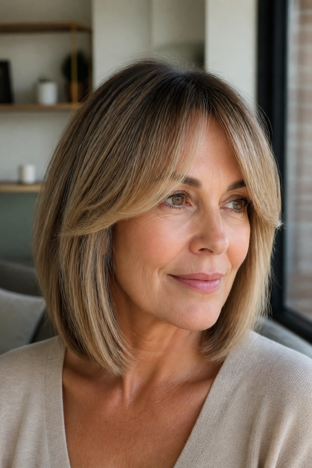 Close-up portrait of a woman with curtain bangs and beige-gold babylights