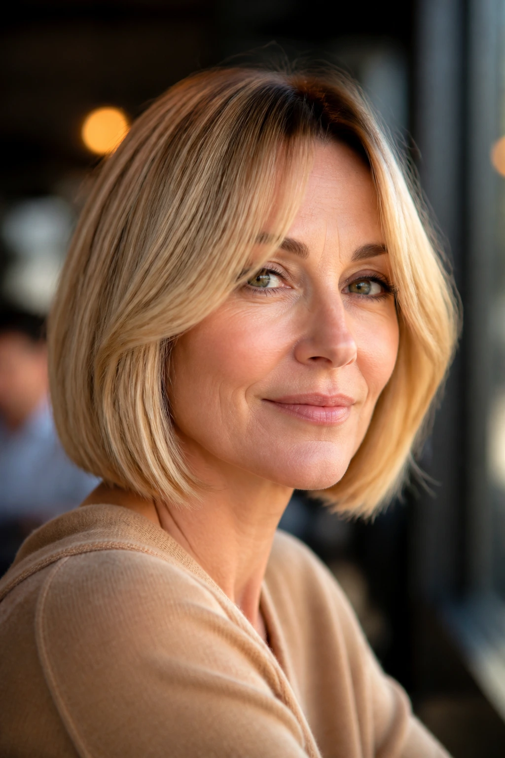 Close-up portrait of a real woman with curtain bangs blending into a bob, cheekbone-grazing fringe.