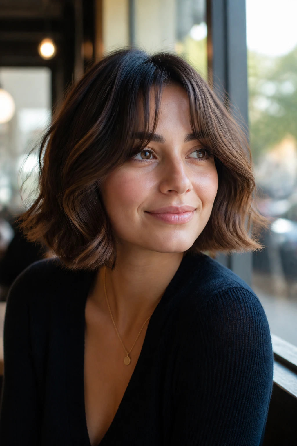 Real woman with curtain bang bob in cafe window light