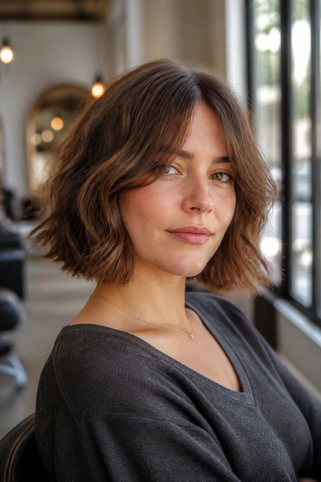 Close-up of a real woman with curtain bang bob in soft salon lighting