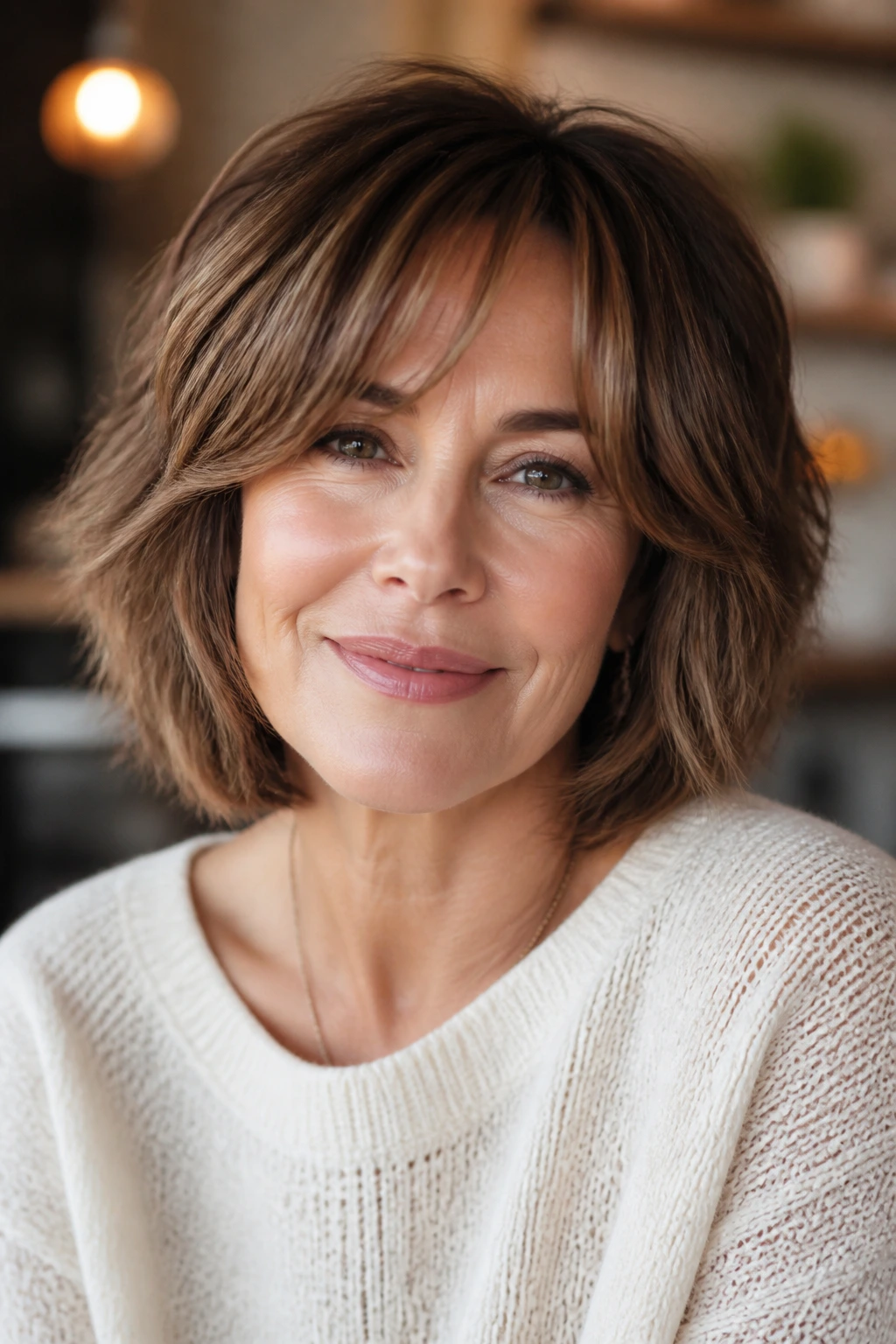 Portrait of a woman with curtain bangs integrated into a bob