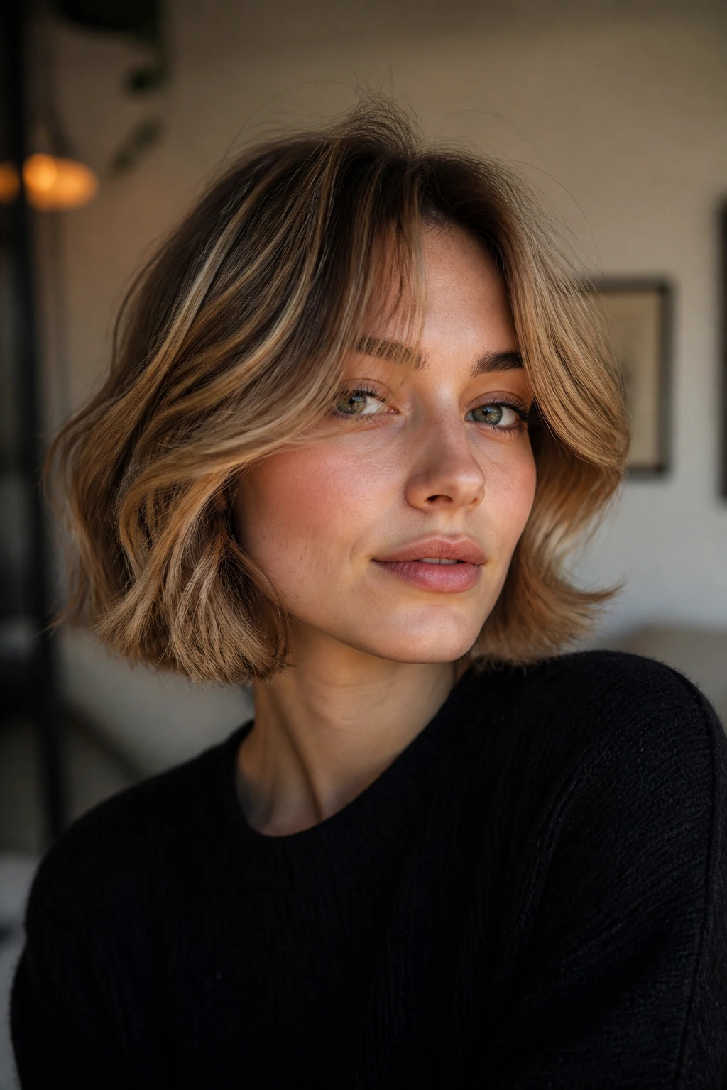 Portrait of a person with curtain bangs framing the cheekbones.