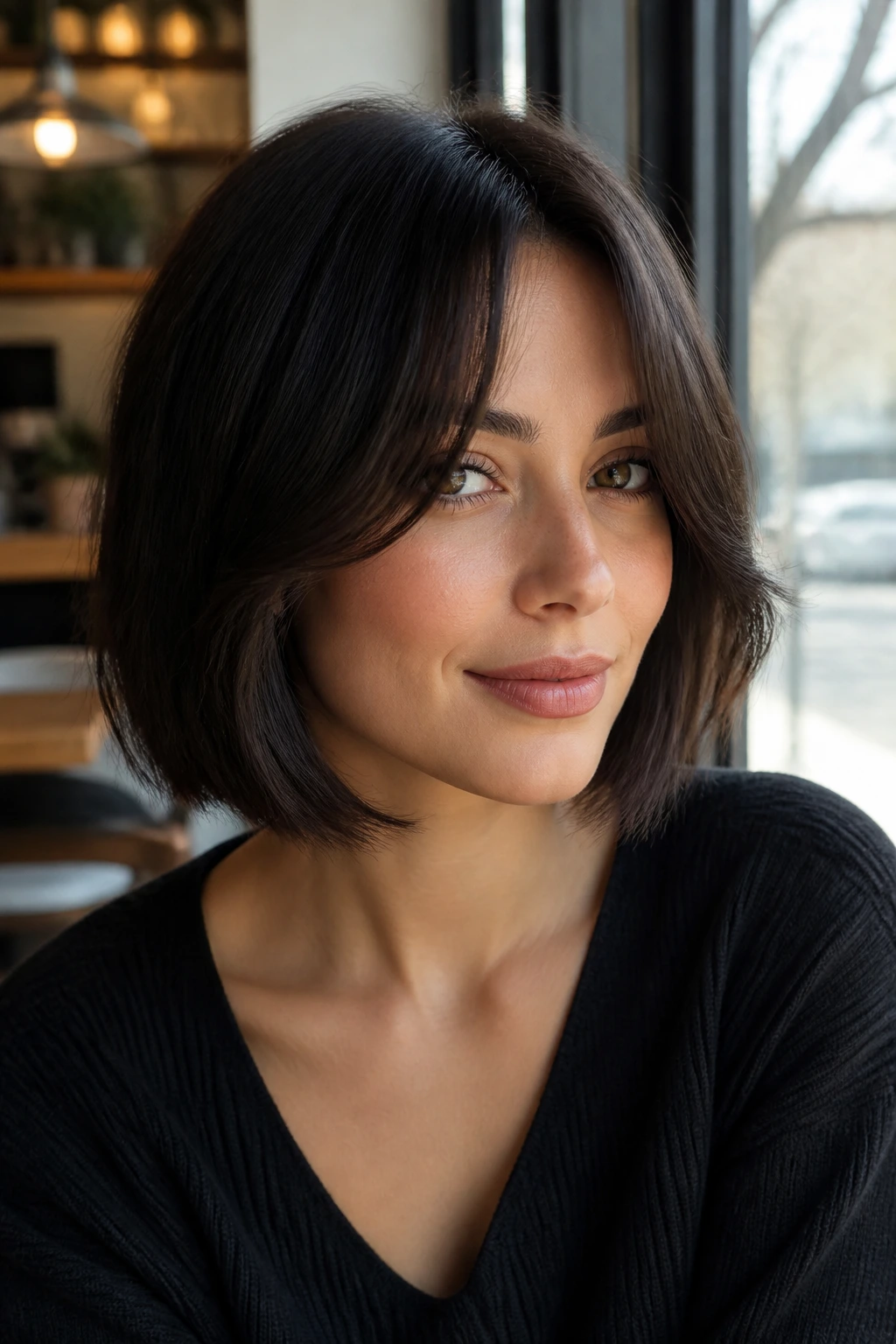 Close-up of a real woman with curtain bangs and chin-length bob