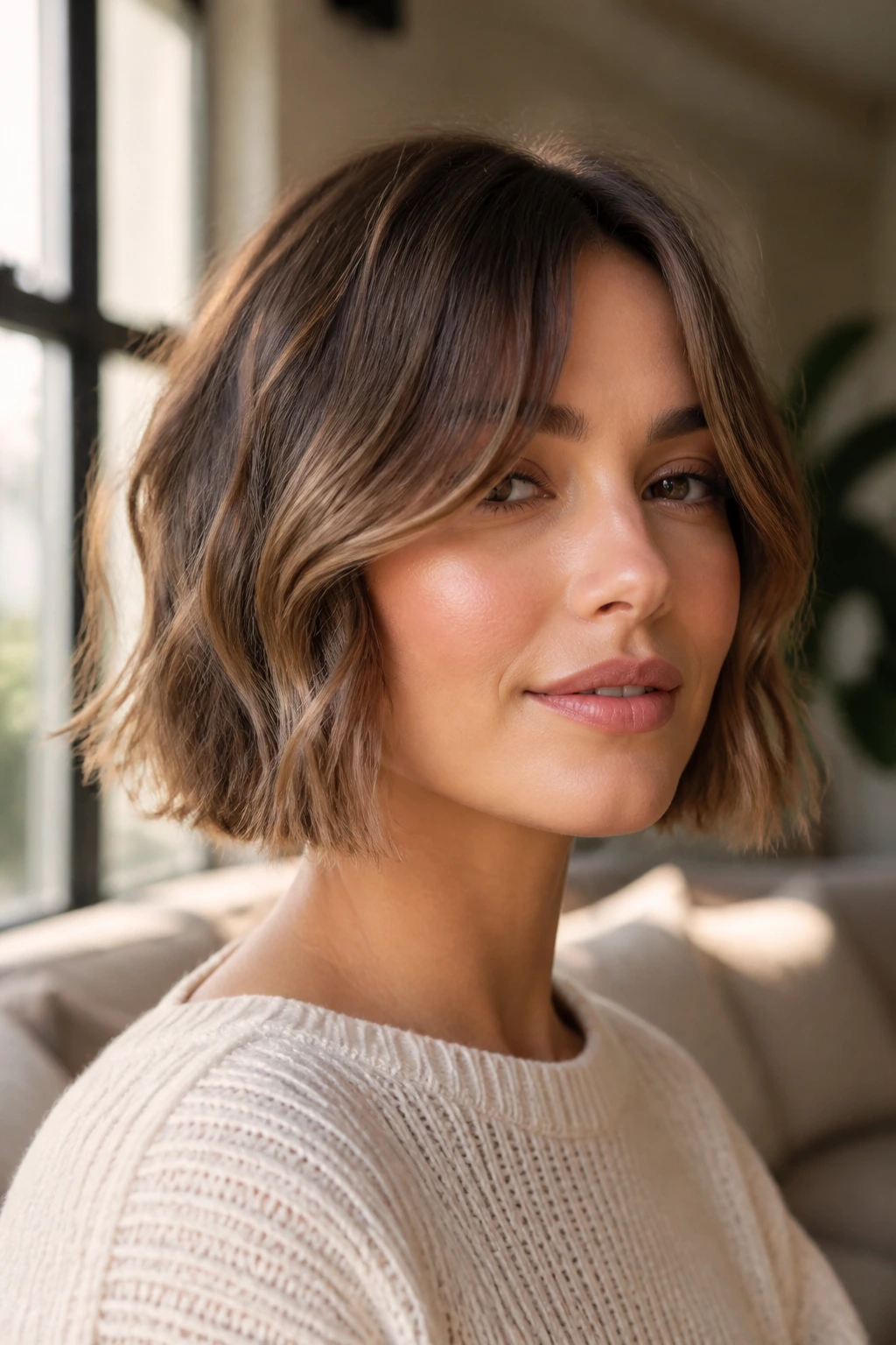 Portrait of a real woman with curtain bangs and chin-length wavy bob in warm window light