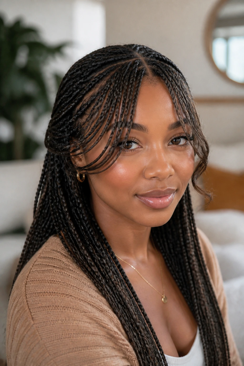 Portrait of a woman with curtain bangs woven into braids illustrating softened shape