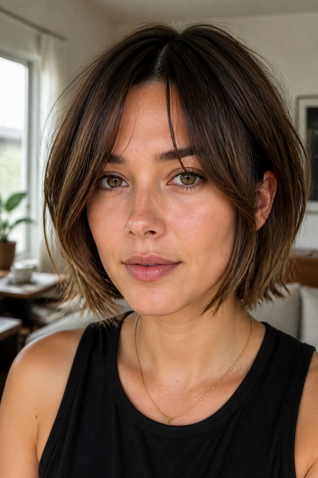 Curtain bangs with broken ends on a short lob in natural daylight