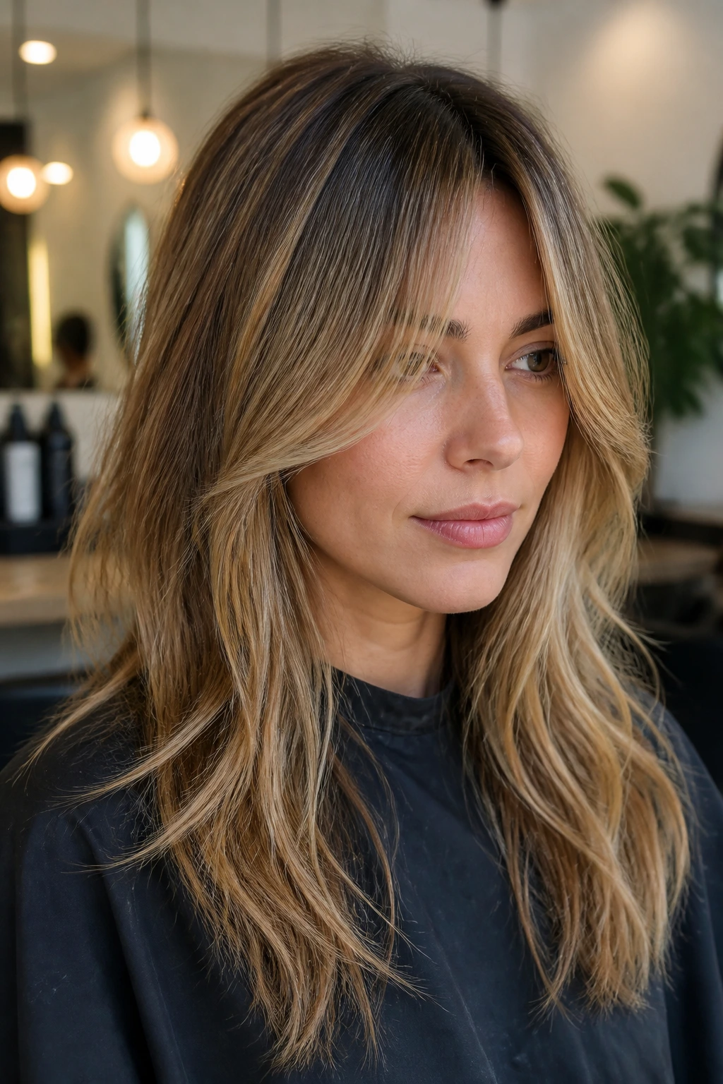 Close-up of grown-out curtain bangs with bronde melt on a real person, warm salon lighting.