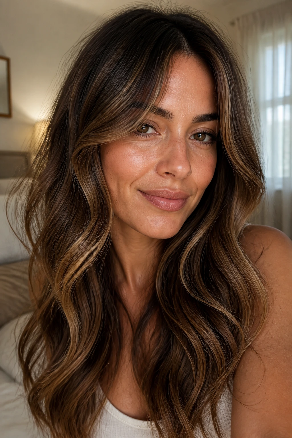 Close-up portrait of a real woman with curtain bang layers and dimensional brunette lights