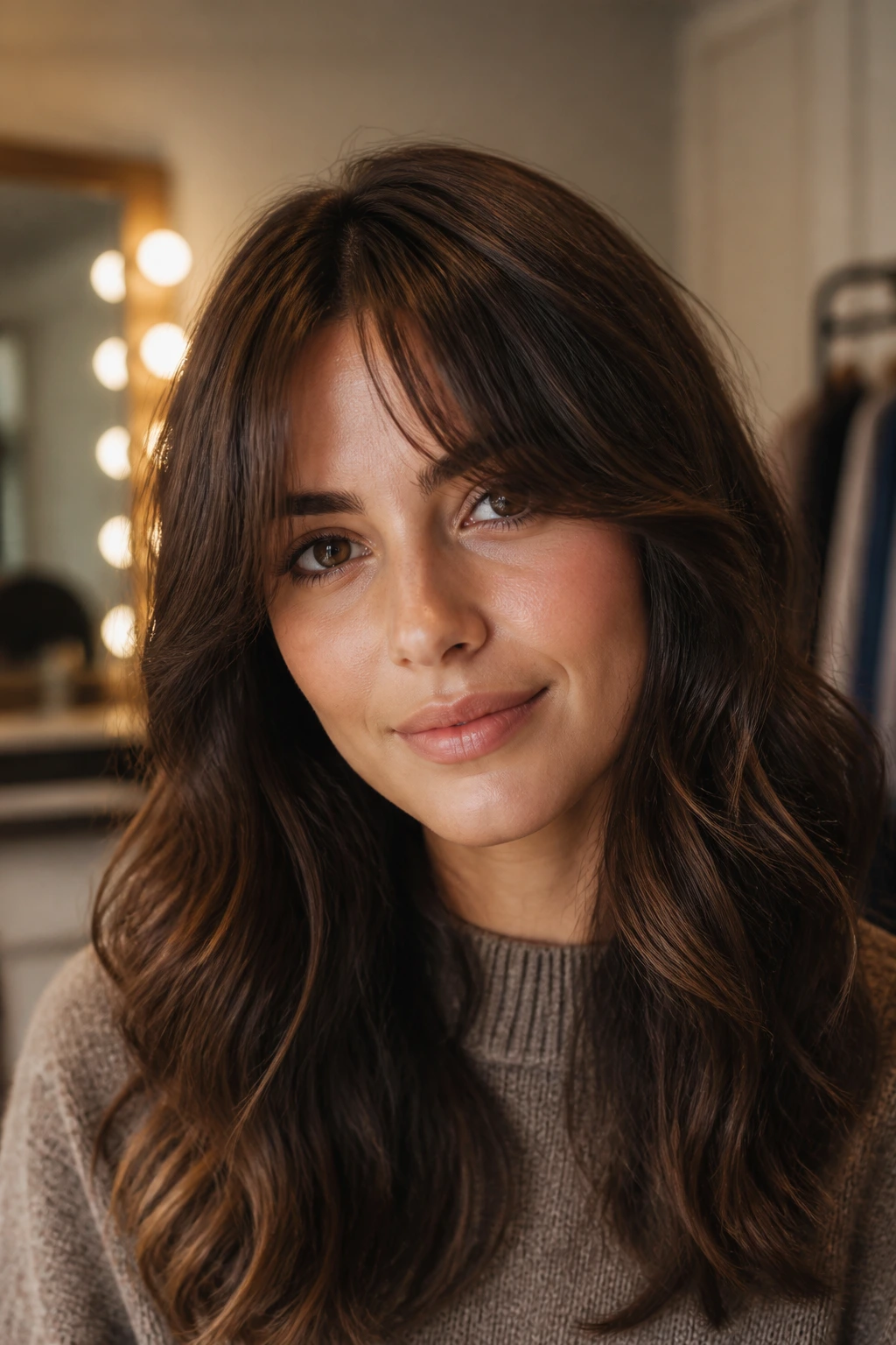 Brunette woman with soft curtain bangs in a warm dressing room setting