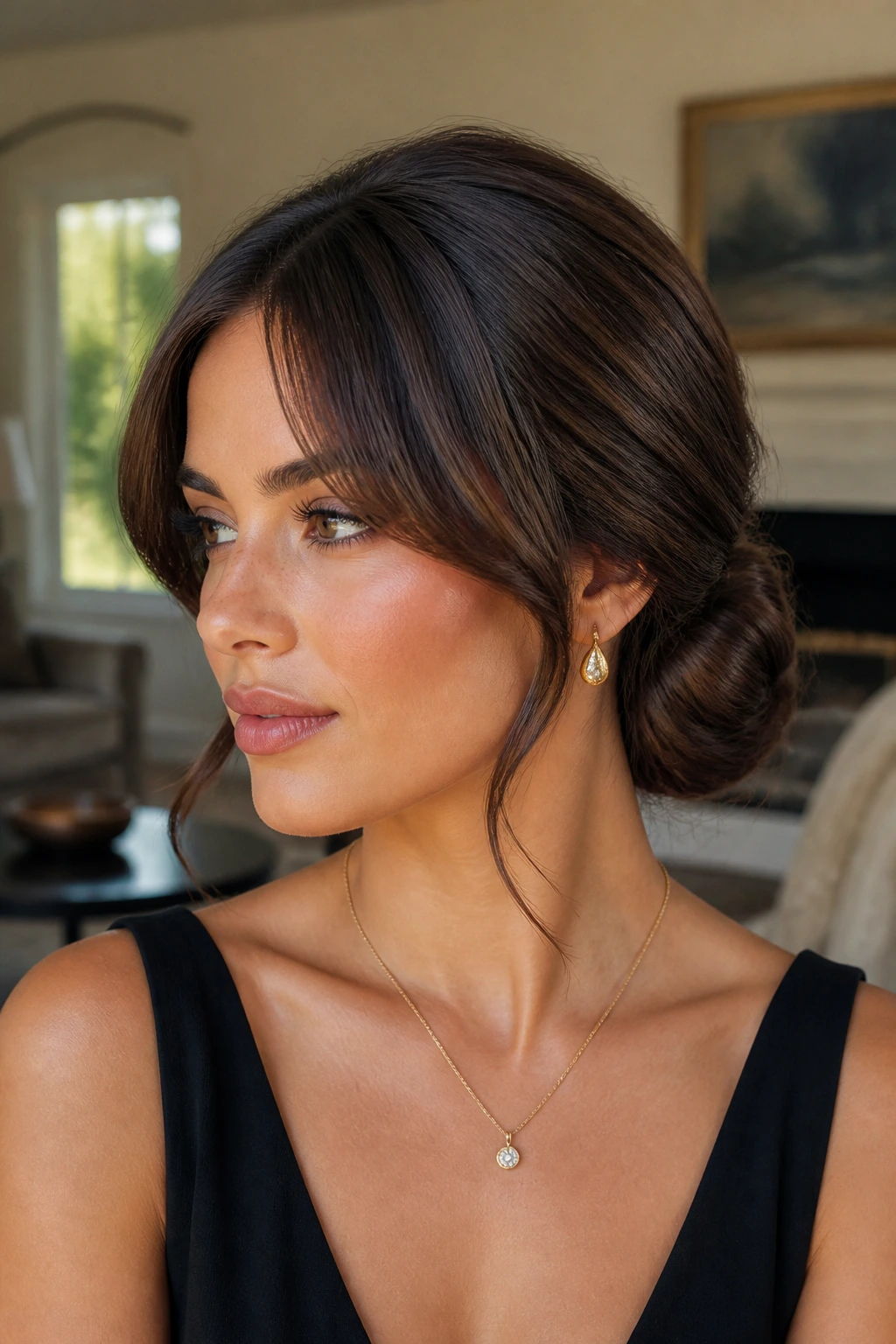 Portrait of a real woman with curtain bangs styled into a wrapped low bun