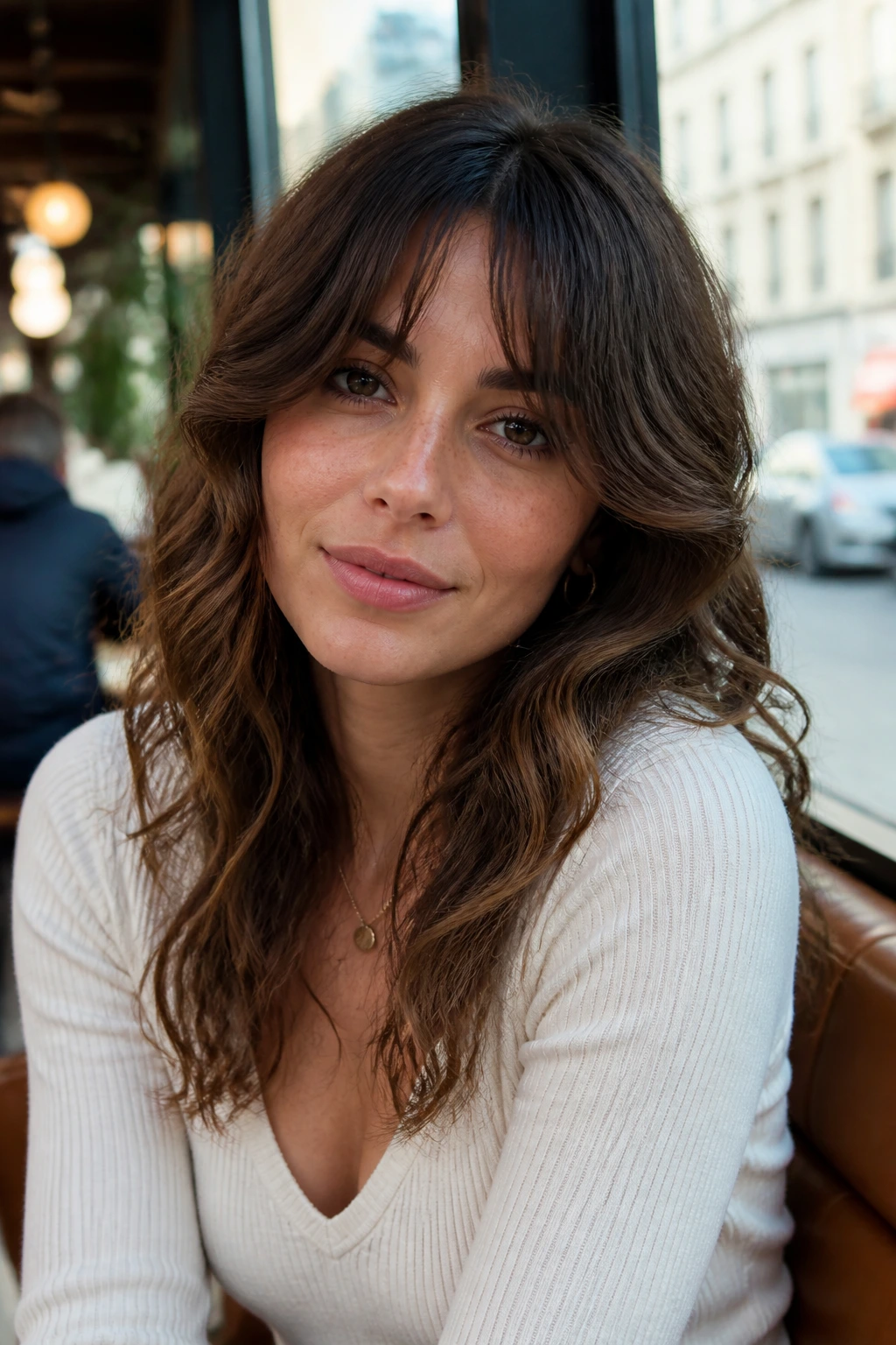 Close-up portrait of curtain bangs at cafe window light