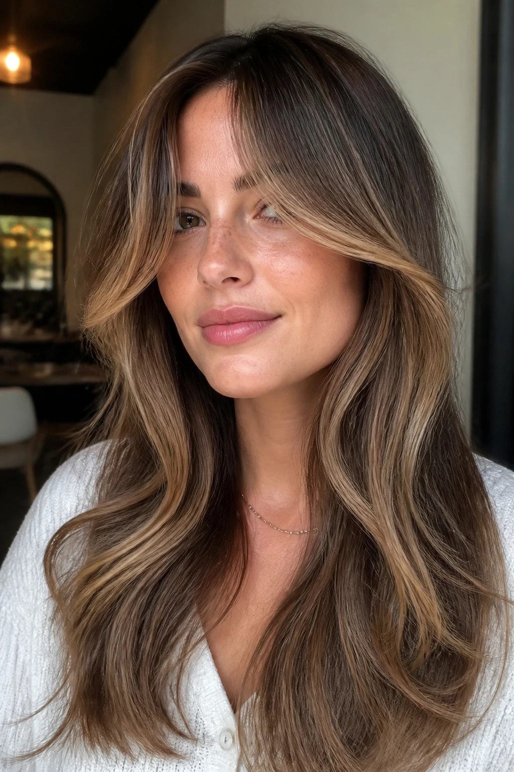 Close-up of a real woman's curtain bangs with light caramel framing the face on cool-toned skin
