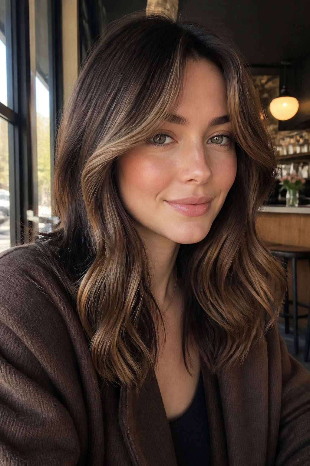 Portrait of a real woman with curtain bangs and caramel sweep framing the face