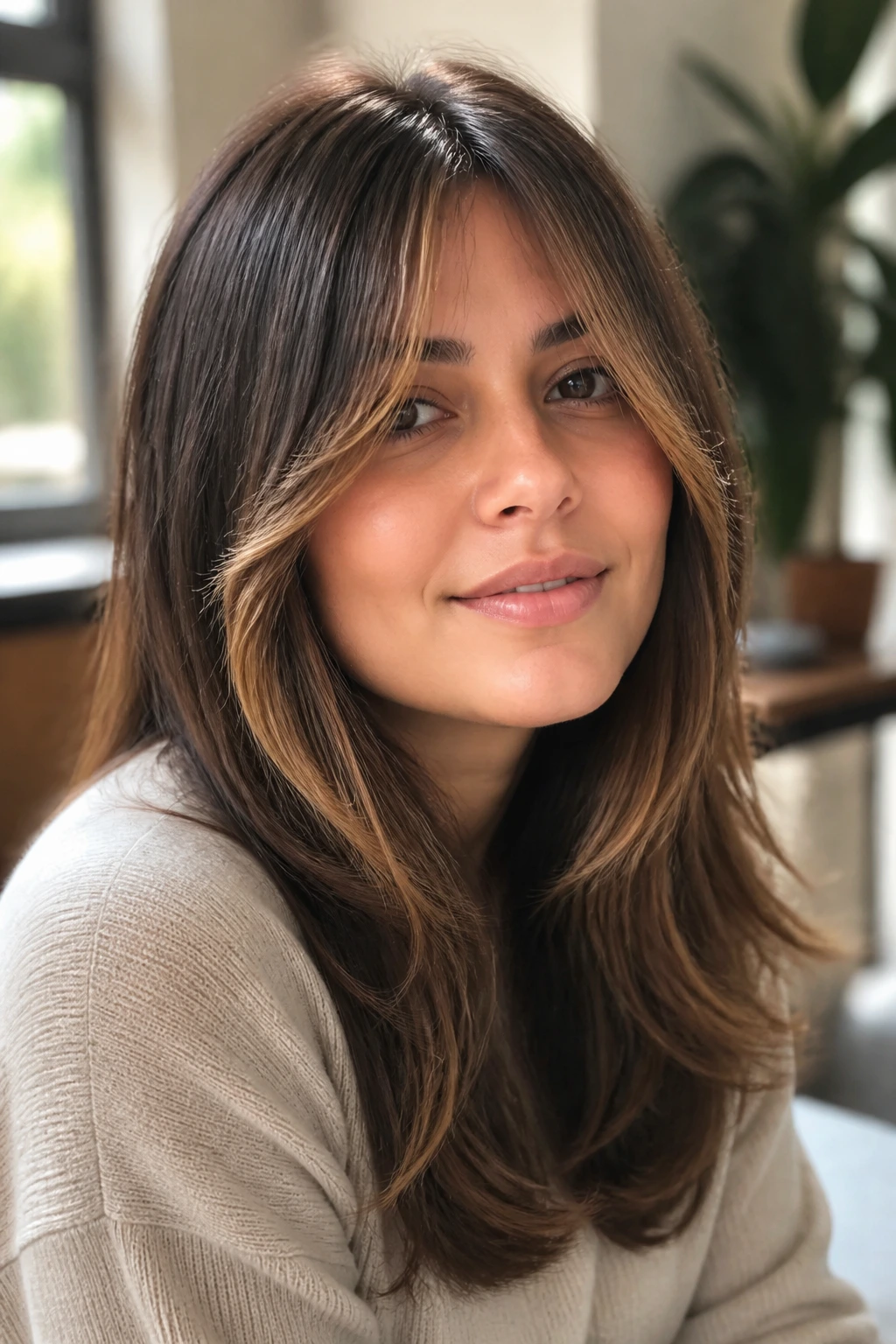 Close-up of a real woman with curtain bangs and caramel highlights