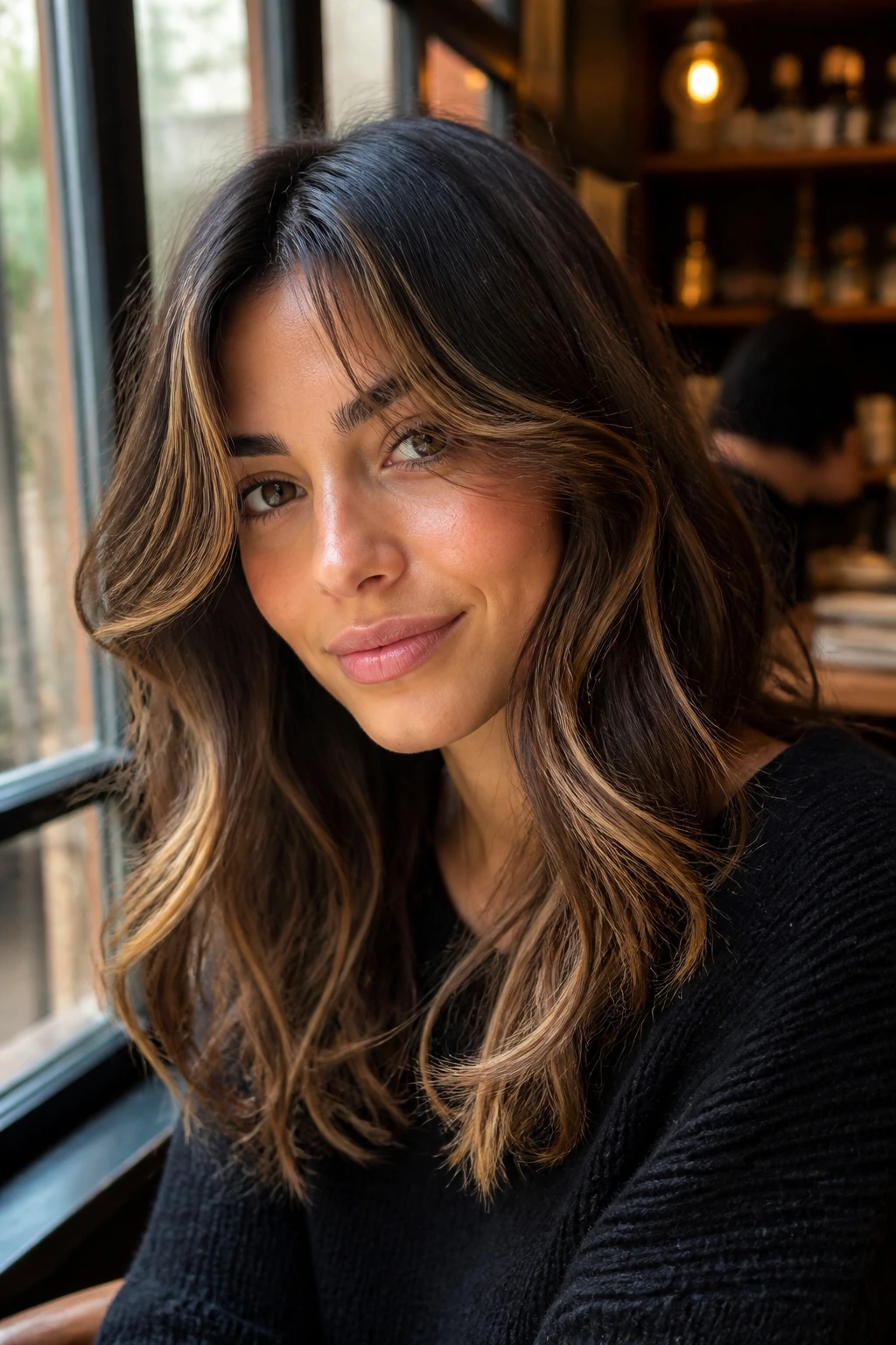 Portrait of a real woman with curtain bangs and caramel ribbons framing the face.
