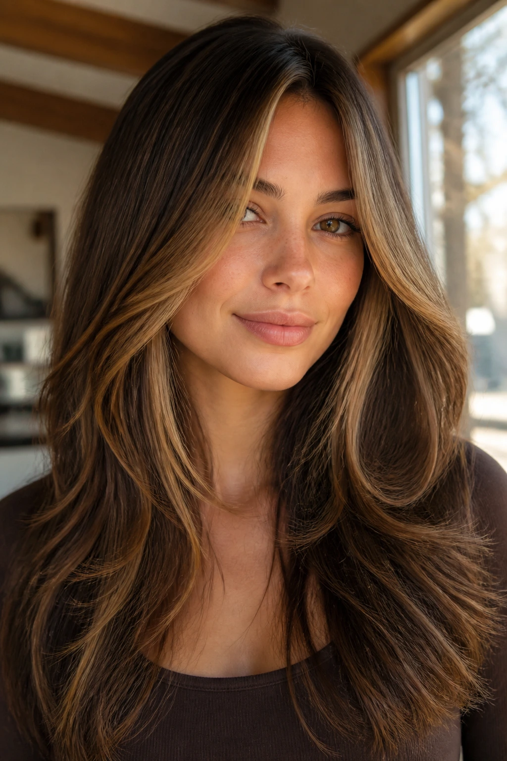 Portrait of woman with curtain bangs and warm caramel streaks