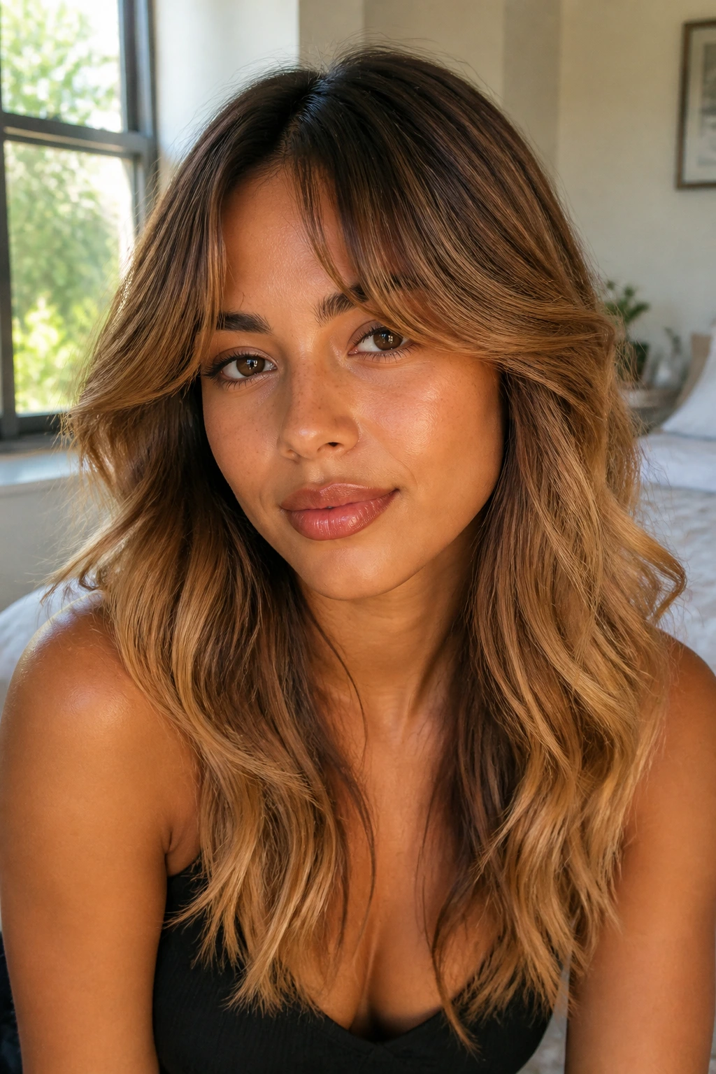 Close-up portrait of a real woman with curtain bangs and soft caramel waves
