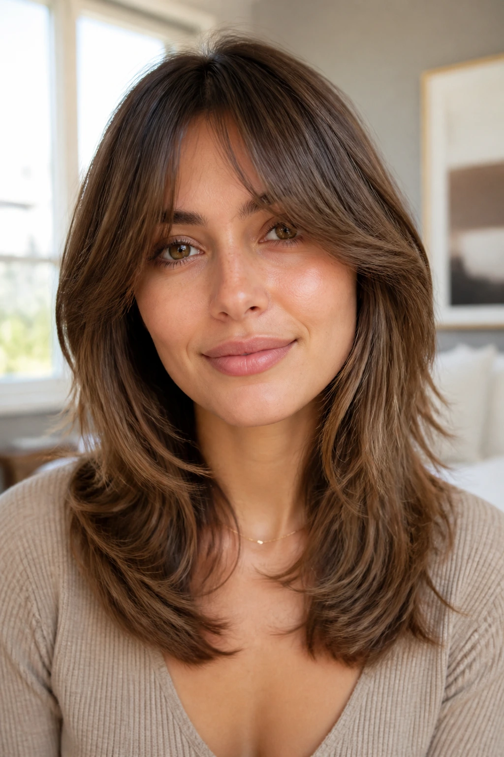 Portrait of a real woman with curtain bangs and mid-length layer cascade