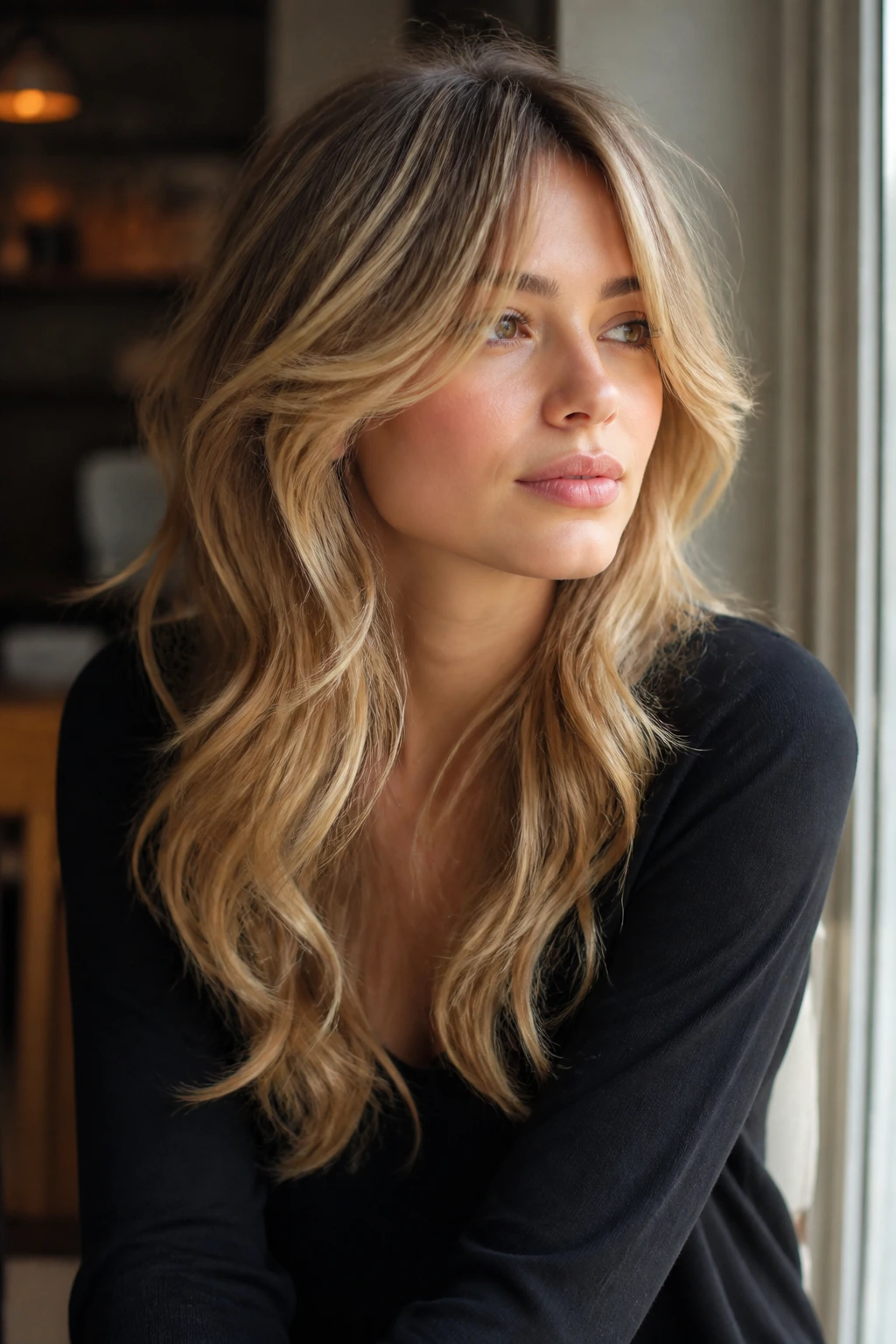 Portrait of hair with curtain bangs and cascading lengths