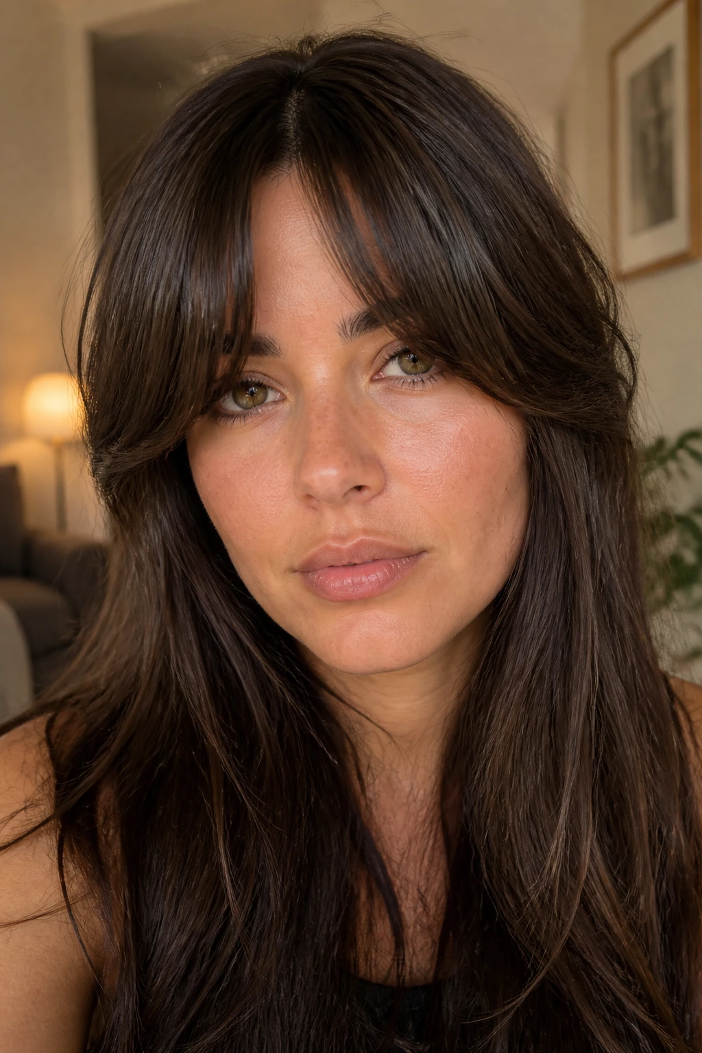 Close-up of a woman with center-split heavy curtain bangs
