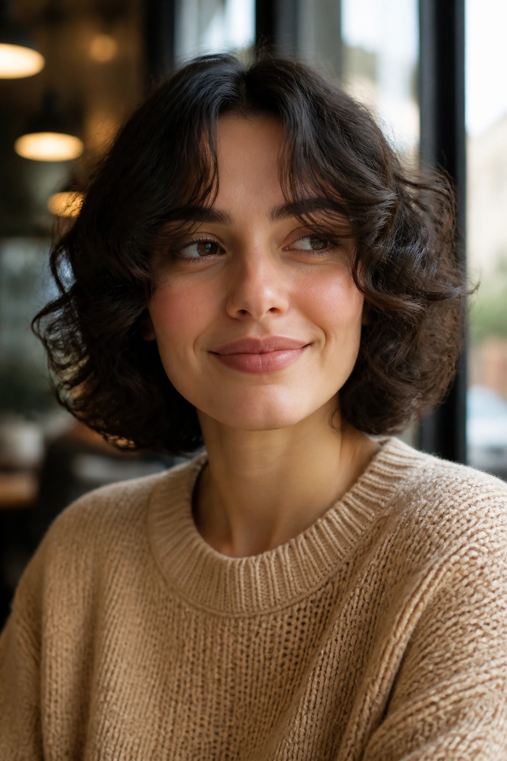 Close-up of a real woman with curtain bangs and a center-parted curly bob in natural light.