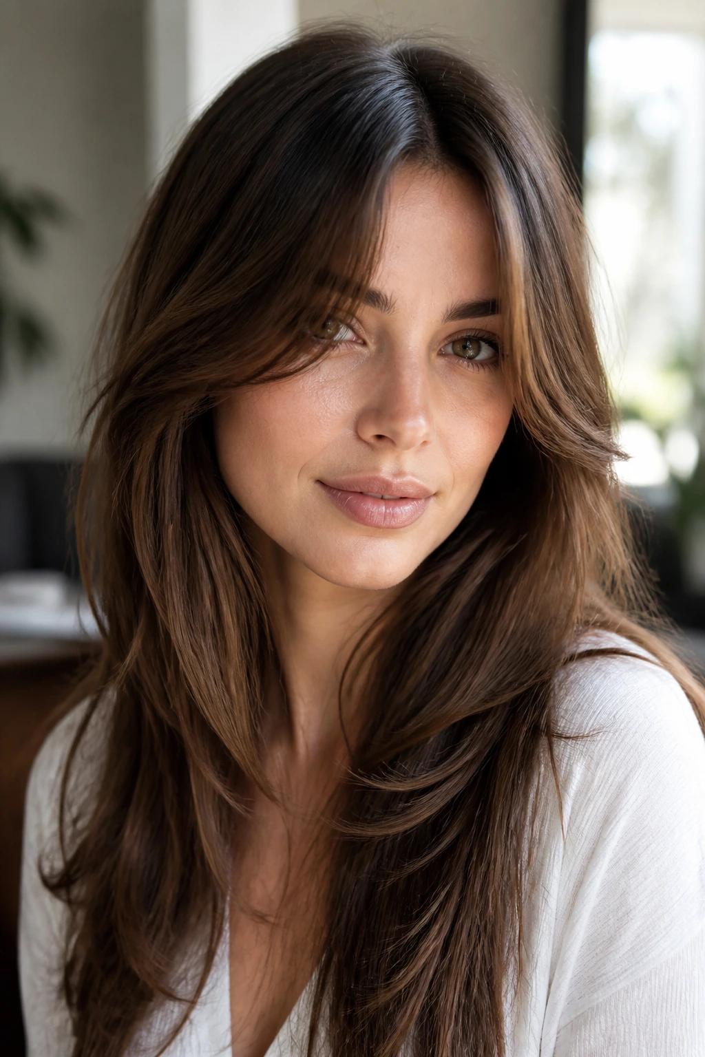 Real woman with curtain bangs blending into long textured layers and a center part.