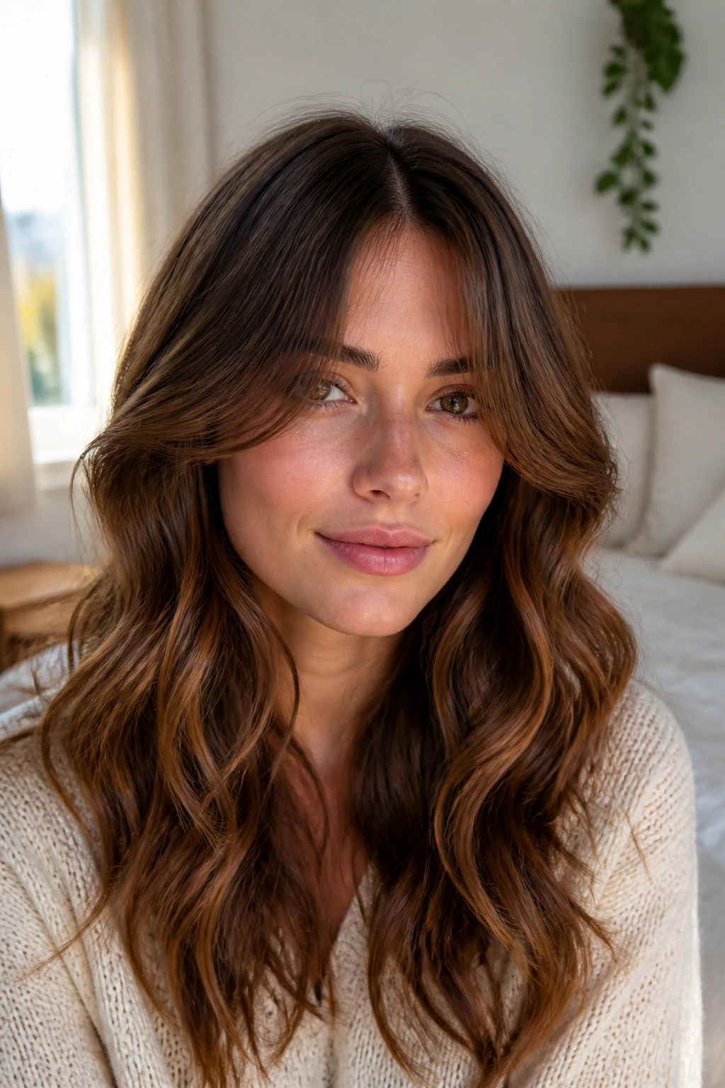 Close-up of a real woman with curtain bangs and a center part in natural light
