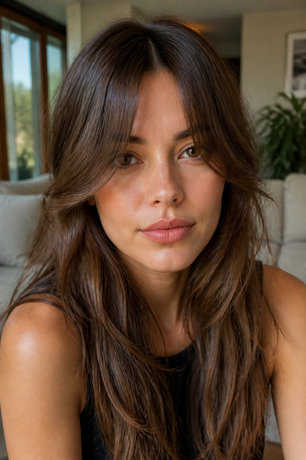 Close-up of a real woman with center-part curtain bangs at cheekbone level