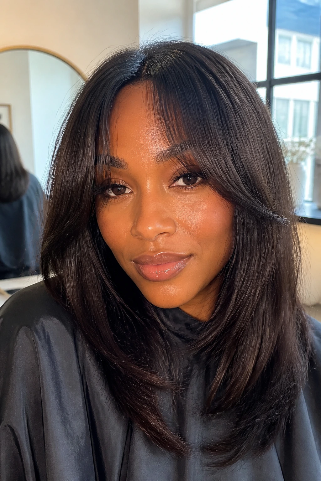 Close-up of curtain bangs split at center on a real Black woman