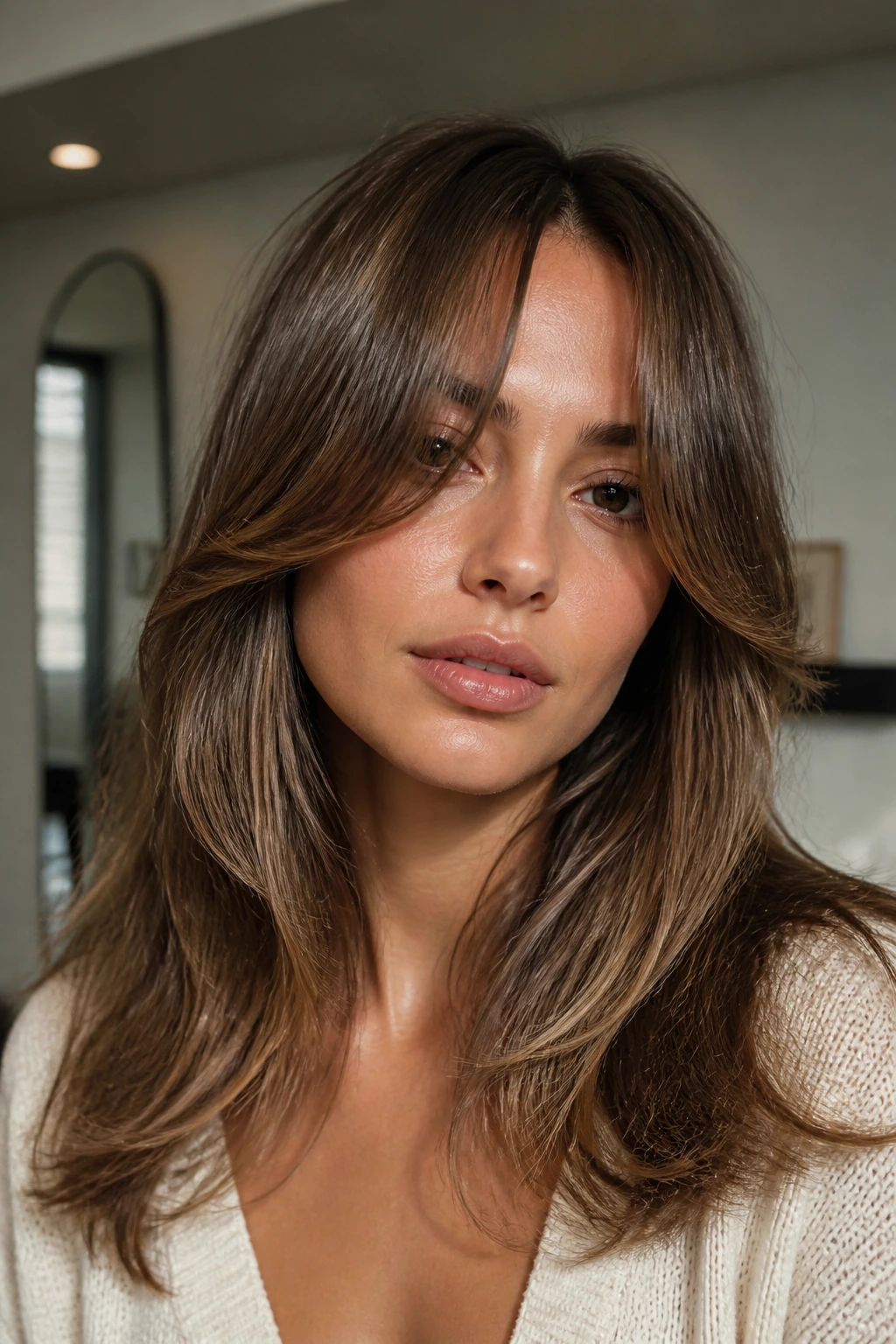 Close-up of curtain bangs with long center-swept layers framing the face